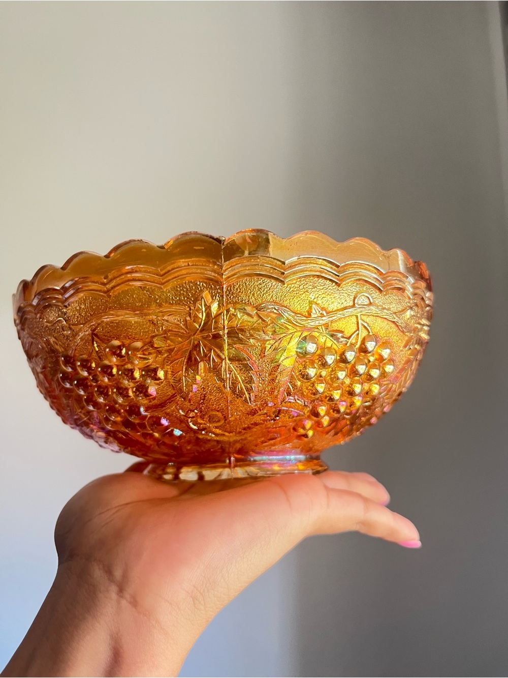 Vintage Amber Iridescent Glass Bowl with Grape Motif